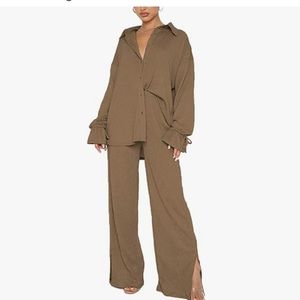 2 piece outfit wide leg pant and button up